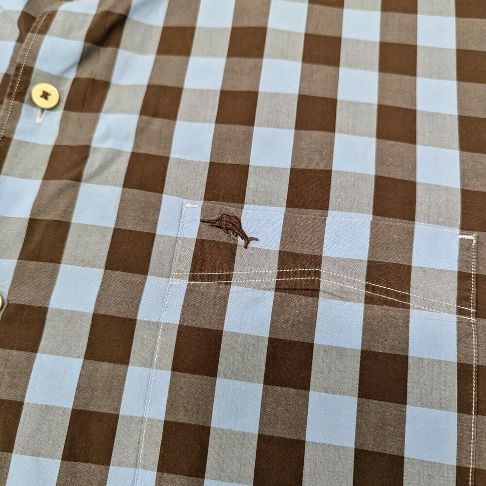 TOMMY BAHAMA Pima Cotton Shirt XXL Blue Brown Checkered Print Button Up Shirt - Picture 5 of 10
